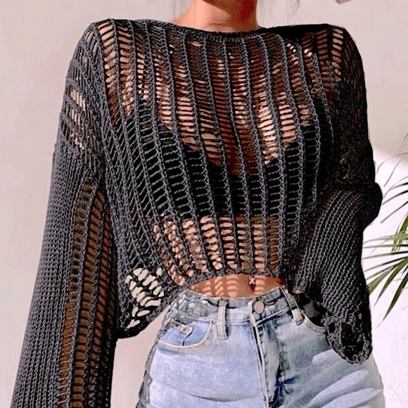 Knit Bell Sleeve Netted Sweater - Picture 7 of 15